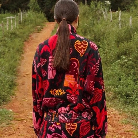 FARM RIO Black Tropical Magic Plush Velvet Bomber Jacket Back Pink S - Picture 3 of 11